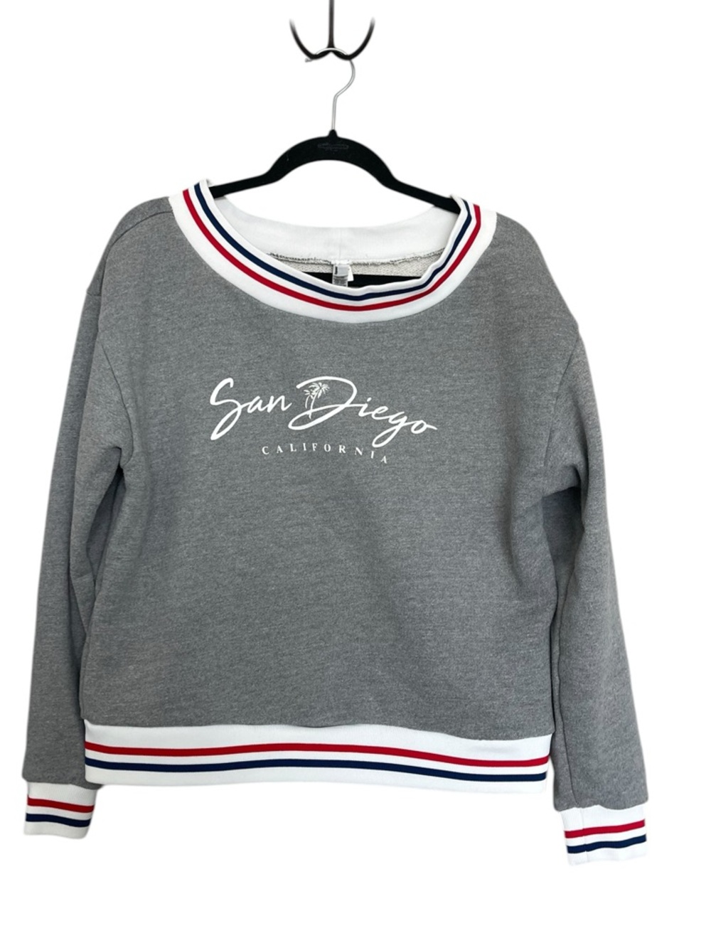 American Apparel Gray 'San Diego' Crewneck Sweater with Red & Blue Trim
